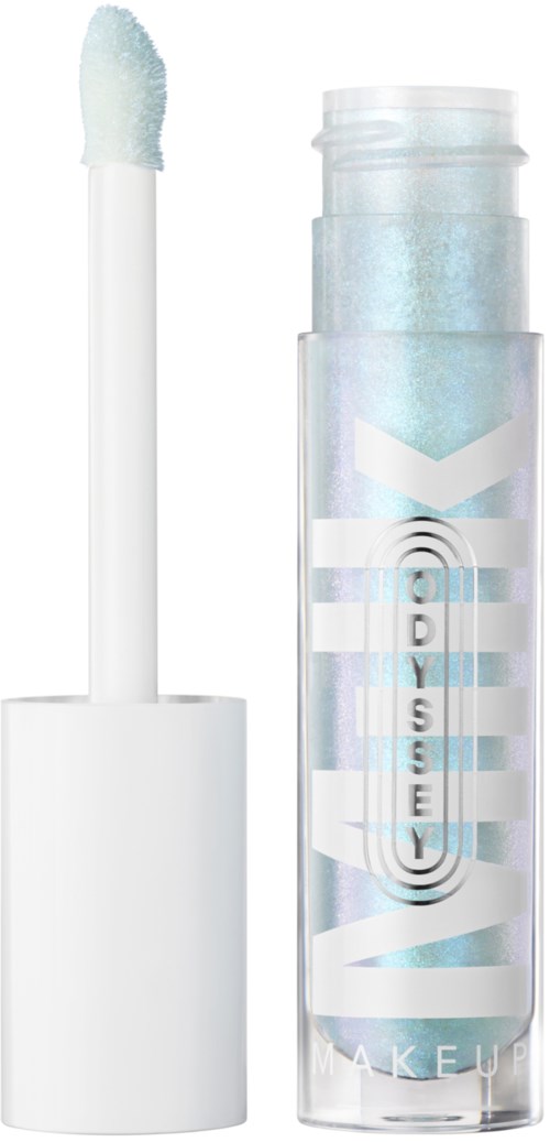 Een doorzichtige lipglossbuis met een witte applicator en glanzend holografisch label.