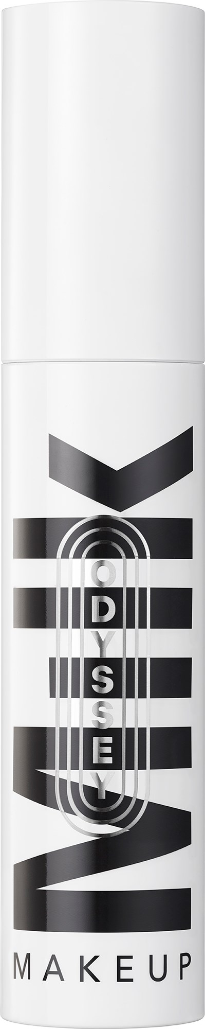 Een witte cilindervormige container met zwarte en grijze tekst die zegt 'MISTAKE' en 'MAKEUP'.