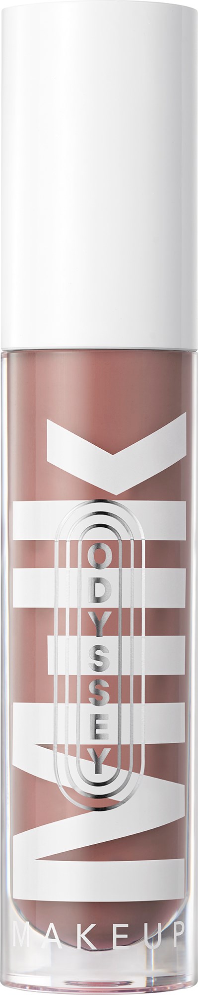 A lipstick tube with white cap and clear body, showing a brownish lipstick inside.