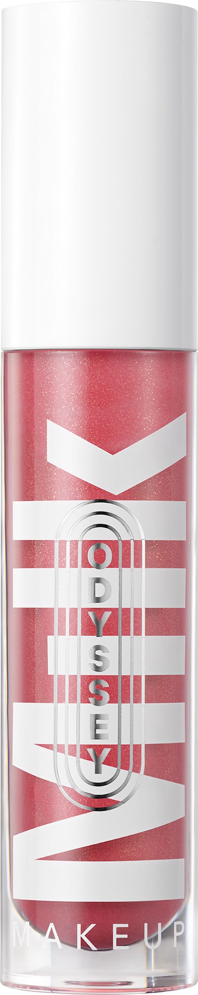 A pink lip gloss tube with a white cap, featuring bold white and black text and wavy lines.