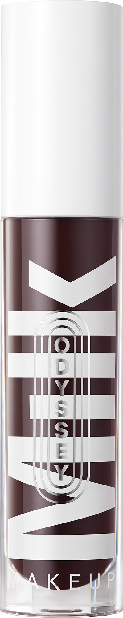 Bottle with a dark liquid, white cap, and bold text on the label against a black background.