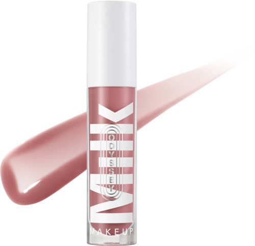 Lip gloss tube with pink glossy color and white cap, showing a pink smear for the product.