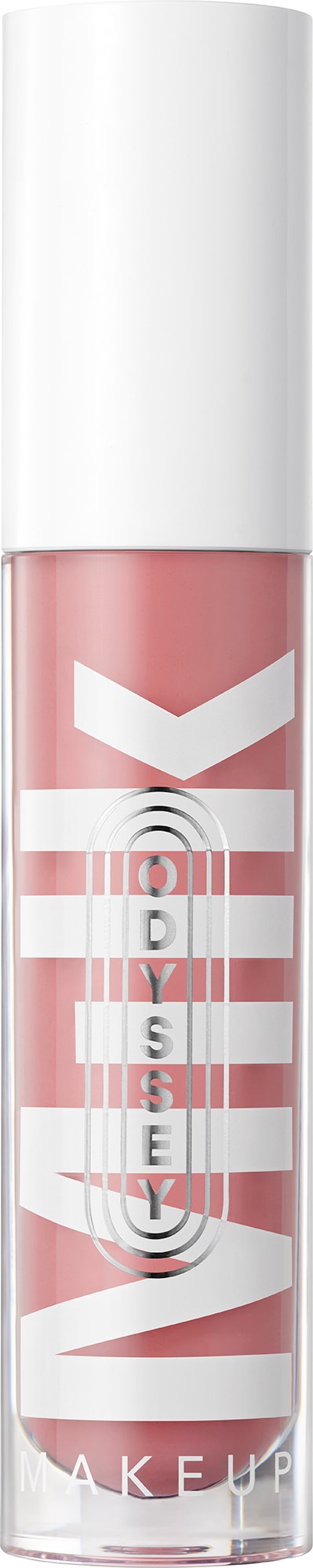 A lip gloss tube with a white cap and a clear body showing pinkish lip gloss inside.