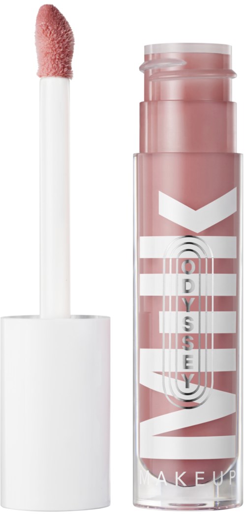 Lip gloss tube with an applicator, pinkish tone, transparent container, and a white cap.