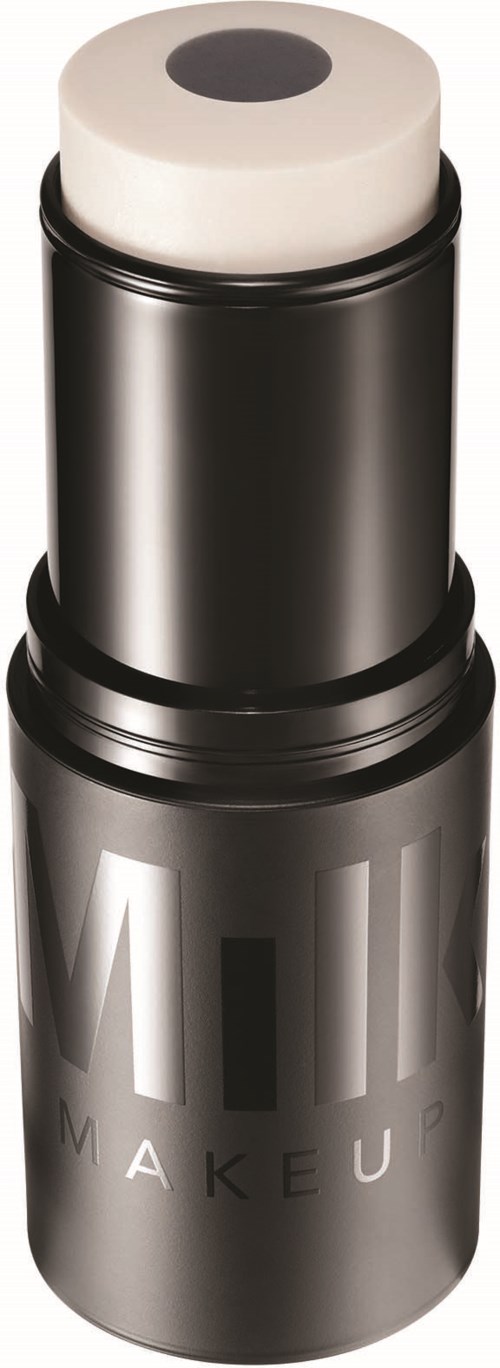 Zwart container met witte bovenkant, gemerkt 'MILE MAKEUP', mogelijk een cosmetisch product zoals foundation of poeder.