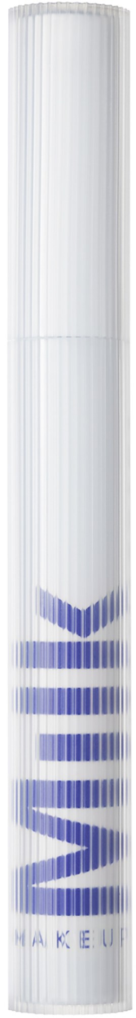 Een witte lipstickhuls met een blauw logo en tekst, staand rechtop.