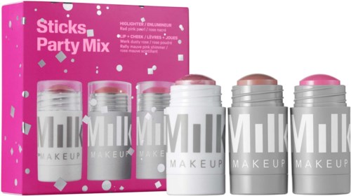 Set med sex rosa och grå makeuppennor i en färgglad box, märkt 'Party Mix'.