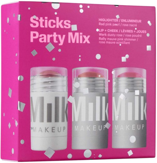 En ljusrosa box med tre makeuppennor märkta 'Milani.' Den har konfettidésigner och produktdetaljer i vitt.