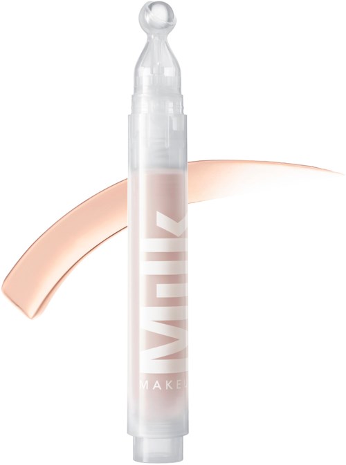 A clear pen-like cosmetic product with a white cap, and a curved beige swipe next to it.