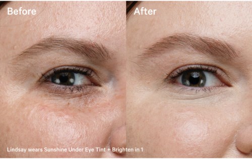A before and after photo showing improved skin around the eye, brighter and clearer after using a tint and brightening product.