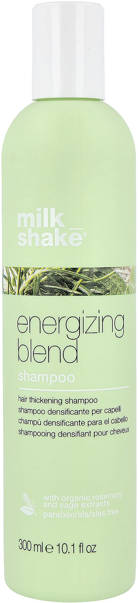 En lys grønn flaske av Milk Shake energigivende blanding sjampo for tykkere hår, 300ml, med hvit kork.