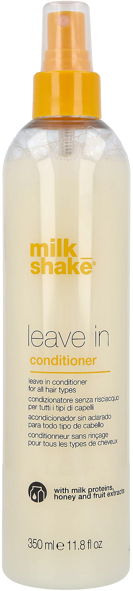 Flesje leave-in conditioner met gele sproeikop, gelabeld 'milk shake leave in conditioner' met ingrediënten en maat.