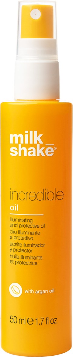 Gelbe Sprühflasche mit der Aufschrift 'milk shake incredible oil' mit Arganöl.