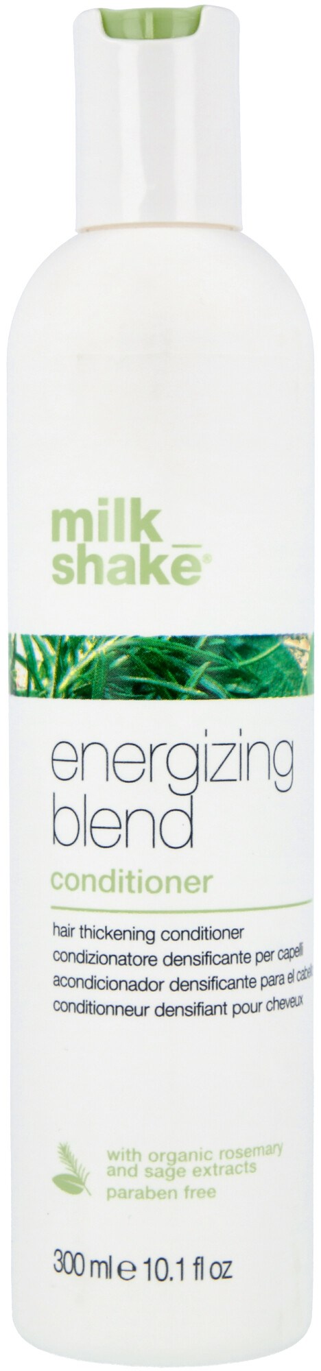 En hvit flaske med grønne detaljer merket 'milkshake energizing blend conditioner' for hår, inneholder 300 ml.