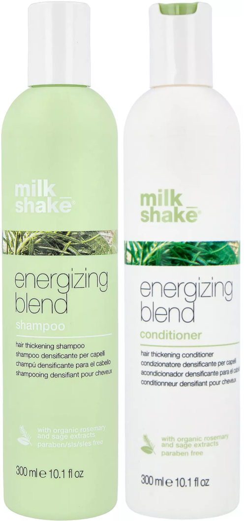 To flasker med hårtykkende sjampo og balsam merket 'Energizing Blend' fra Milk Shake, 300 ml hver.