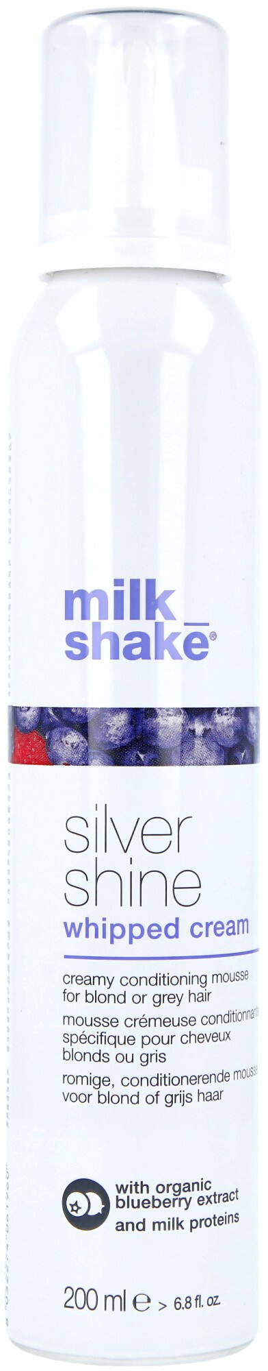 Een fles Milk Shake Silver Shine opgeklopte room, blauw en zilveren label, 200ml, voor haar en glans.