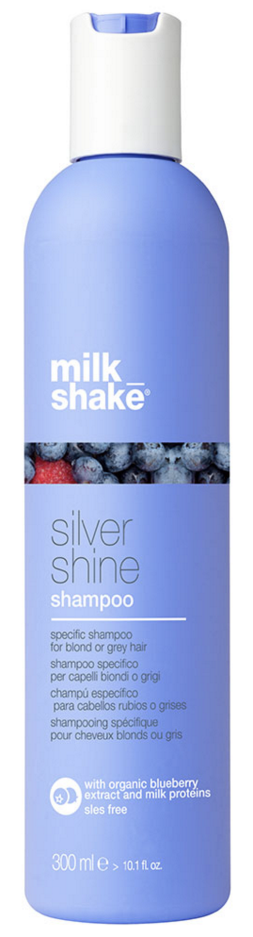 Een lange blauwe fles met Milk Shake Silver Shine shampoo en witte dop.