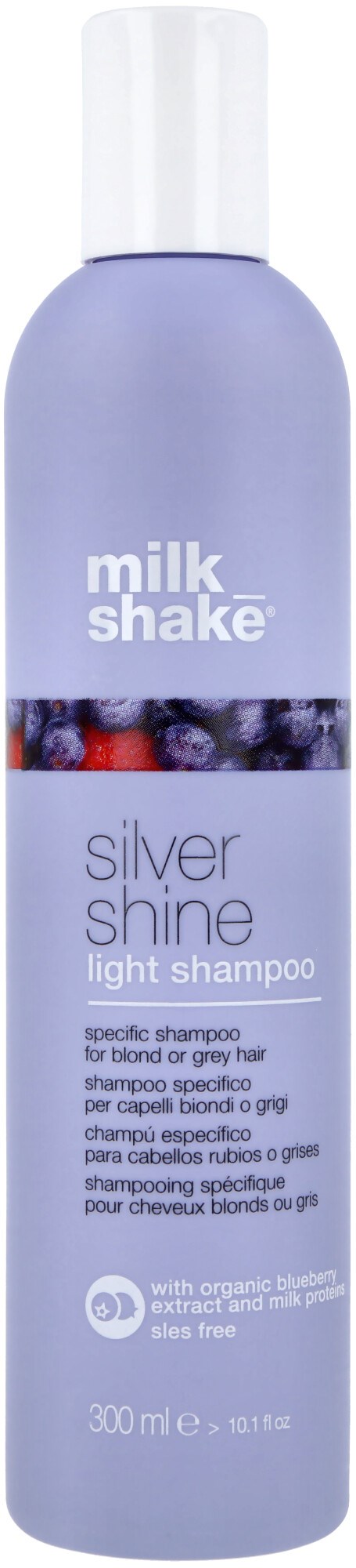 Een lichtpaarse fles Milk Shake Silver Shine shampoo met een witte dop, bedoeld voor blond of grijs haar.