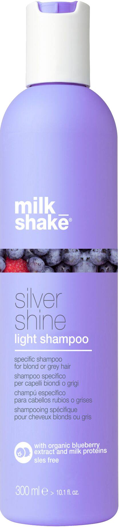 Een lichtpaarse fles Milk Shake Silver Shine Light Shampoo, met witte dop en bosbessenbeelden.