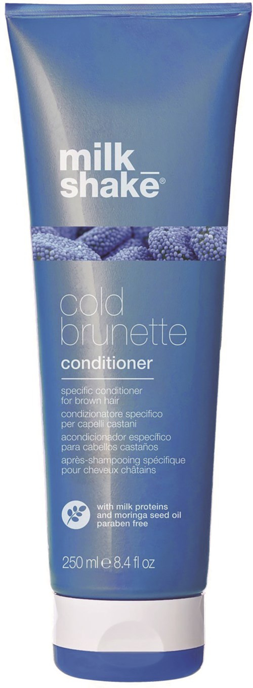 Blauwe tube van Milk Shake Cold Brunette conditioner met bessenafbeeldingen, 250 ml inhoud, en vermeldingen van melkeiwitten.