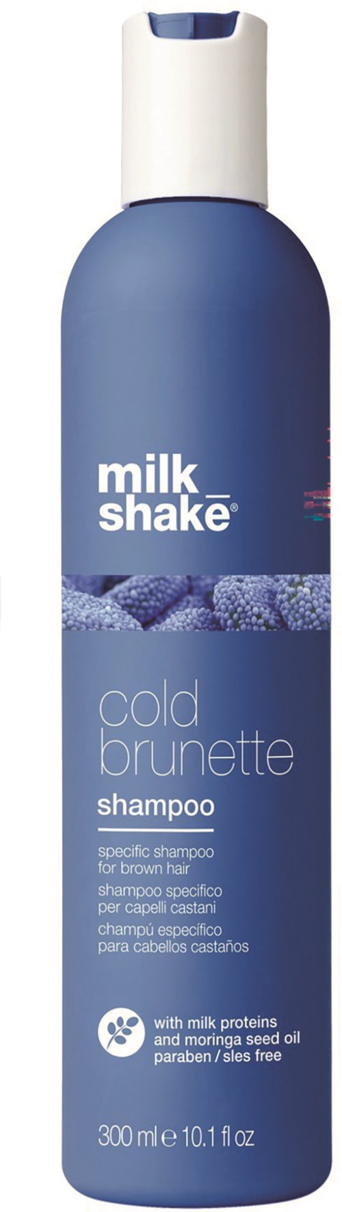 Een blauwe fles Milk Shake Cold Brunette shampoo voor bruin haar met melkproteïnen en zonder parabenen.