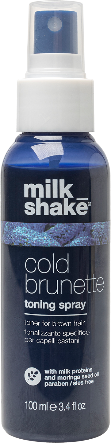 Donkerblauwe sprayfles met label 'milk shake cold brunette toning spray' met witte dop en spraykop.