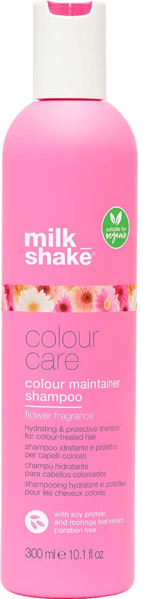 Roze fles van Milk Shake kleurnurt shampoo met bloemengeur en vegan label.