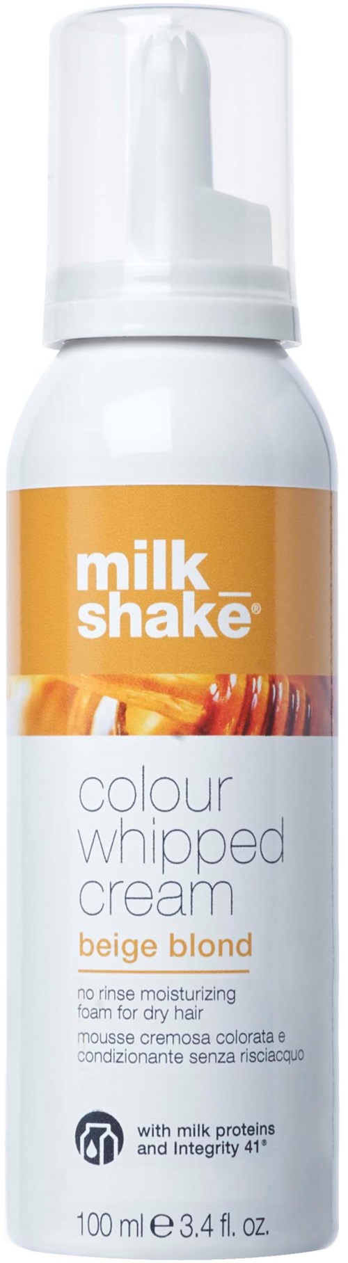 Eine weiße Flasche mit Pumpe, beschriftet 'milk shake' und 'colour whipped cream' in beige blond.