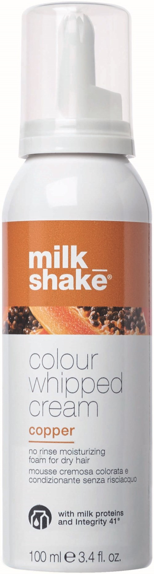 En vit sprayflaska med orange etikett som säger "milk shake" och erbjuder kopparfärgad vispgrädde för hår.