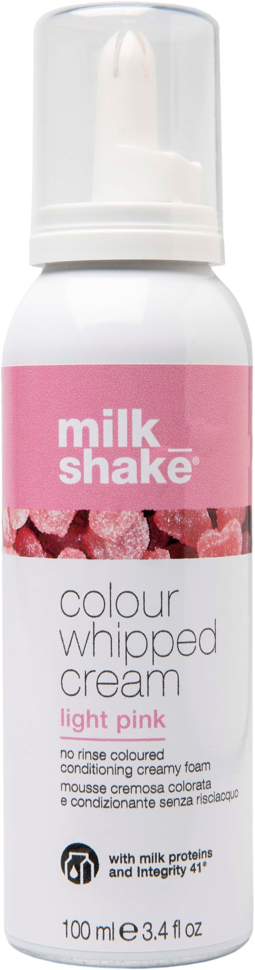 Een witte bus met roze label die 'milk shake' en 'colour whipped cream light pink' zegt.