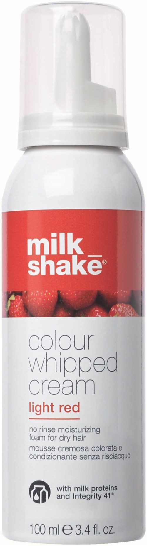 En vit flaska med rött märke som heter 'milk shake' innehåller ljusröd vispgrädde för hår. Den har en pump.
