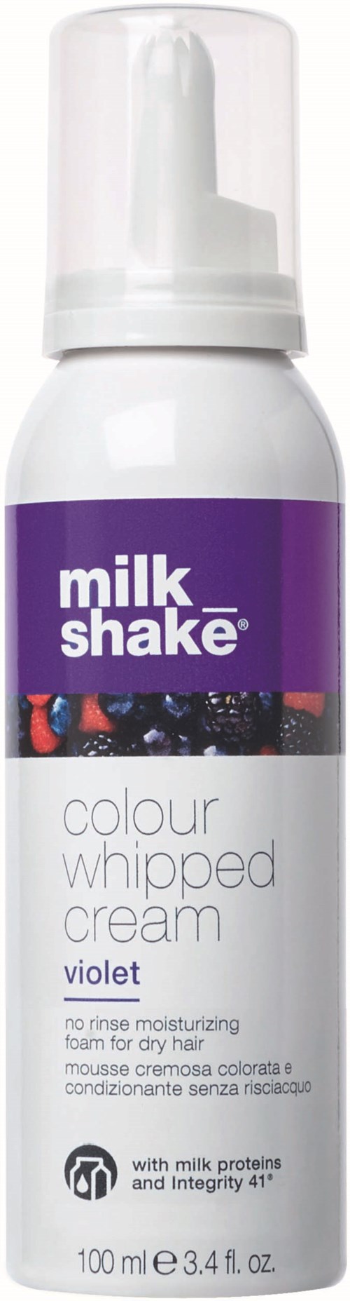 Een witte fles met paarse label zegt 'milk_shake' en 'colour whipped cream violet' voor droog haar.