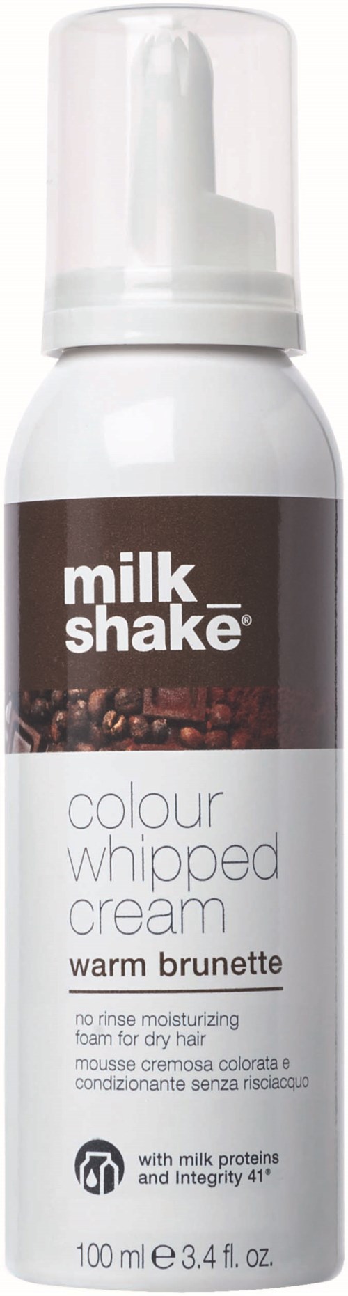 A white bottle with a pump, labeled "milk shake" and "colour whipped cream" for warm brunette hair.