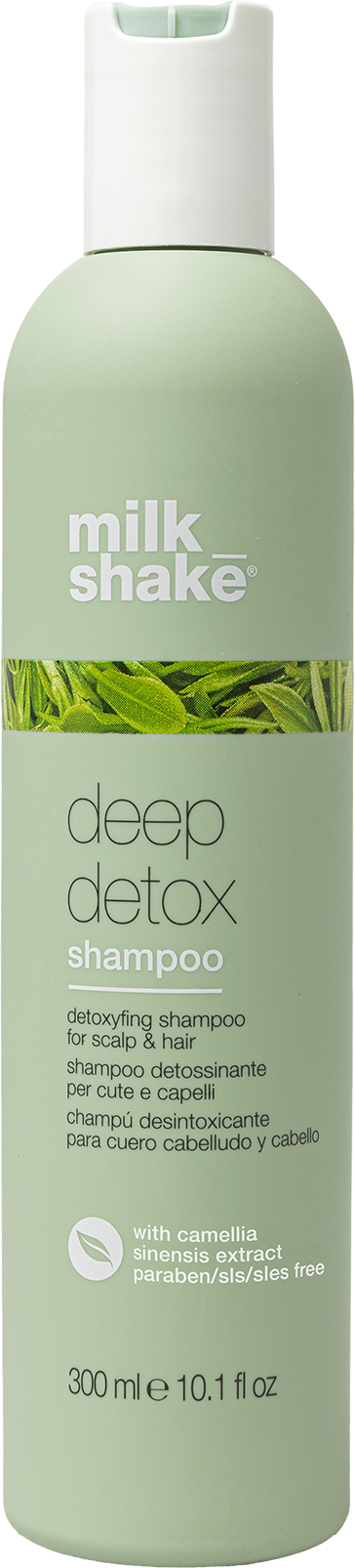 Een lichtgroene fles Milk Shake deep detox shampoo met witte dop en label. Het vermeldt ontgifting voor hoofdhuid en haar.