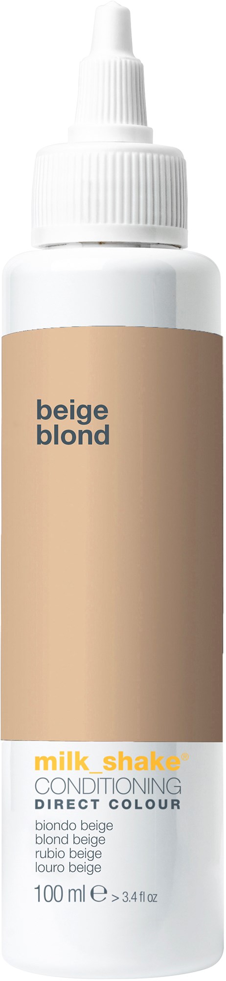 Een fles haarverf met label 'beige blond' en witte dop. Bevat 100 ml conditioner.
