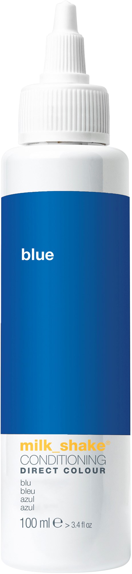 A white bottle with a blue label and a special nozzle. It is for coloring hair blue.