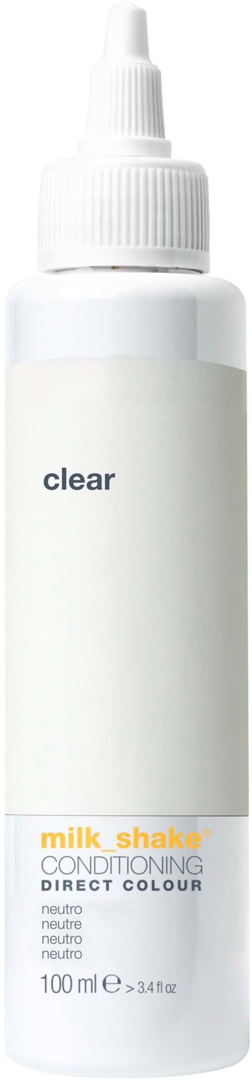 Een witte sprayfles met label 'clear' voor haarconditioner, met een witte sproeikop.
