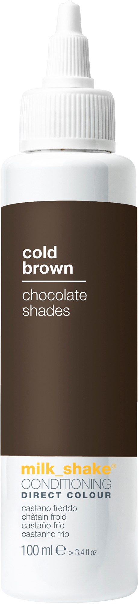 Een witte fles met een bruin label dat zegt 'cold brown, chocolate shades' en 'milk shake conditioning'.