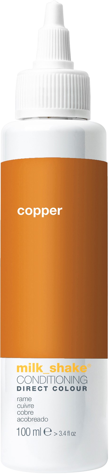 Een witte fles met een oranje label met 'copper' en 'milk shake.' Het bevat conditioner voor haar.