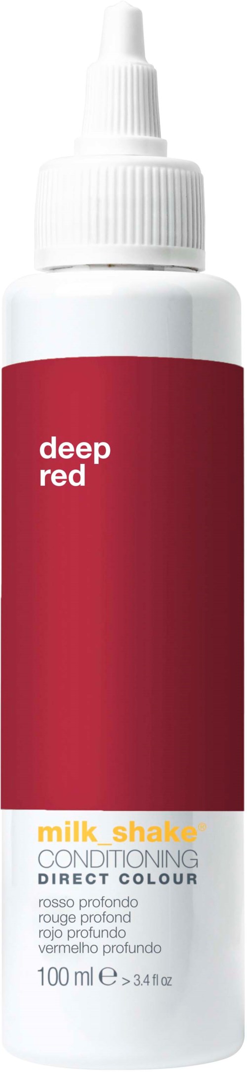 En vit flaska med röd etikett som säger "deep red" och "milk shake conditioning direct colour".