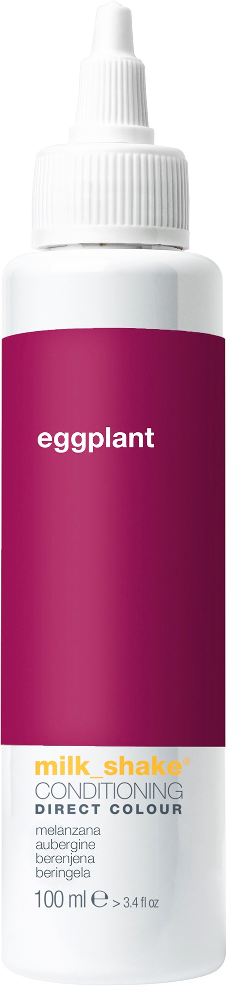 Een witte fles met een paarse label die "eggplant" zegt en milk shake conditioning met aubergine kleur vermeldt.