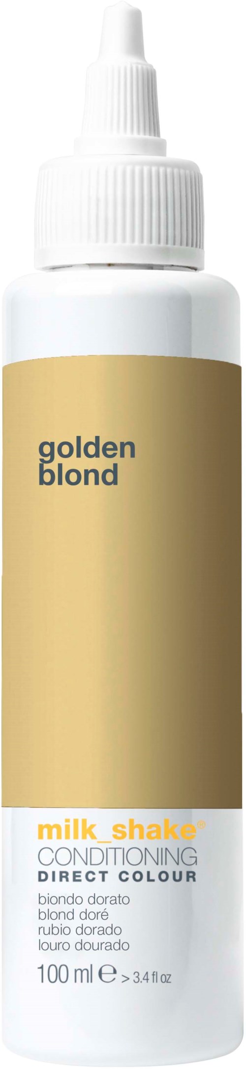 Een witte fles met een gouden label en een spraykraag. Het is een haarconditioner genaamd Golden Blond.