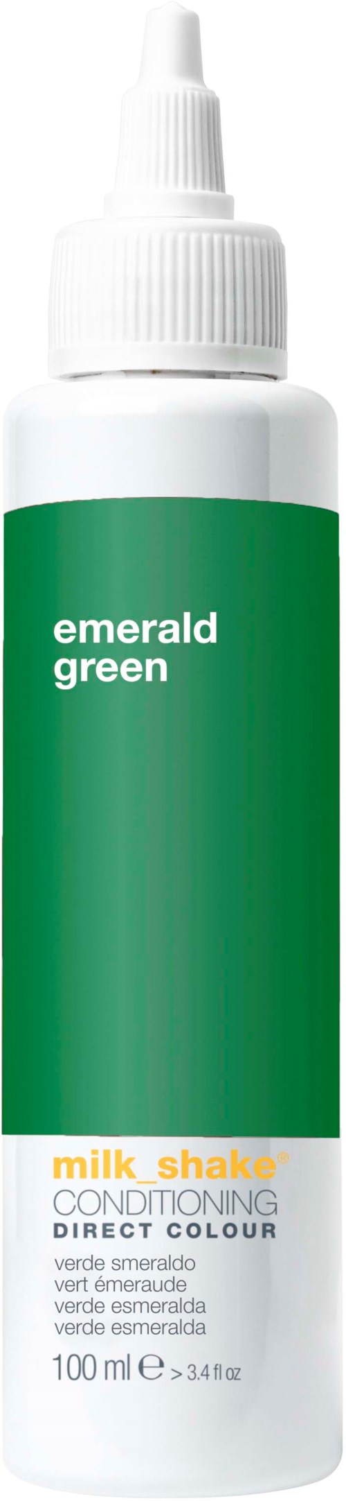 En vit flaska med en grön etikett som visar emerald green, för hårfärgning eller hårfärg.