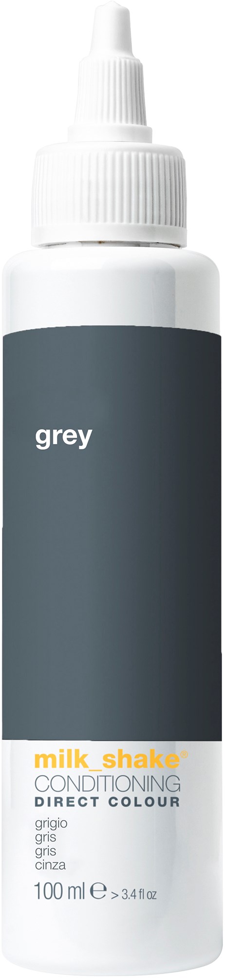 En vit sprayflaska märkt "grey" med vit lock. Innehåller 100 ml hårfärg för att färga hår.