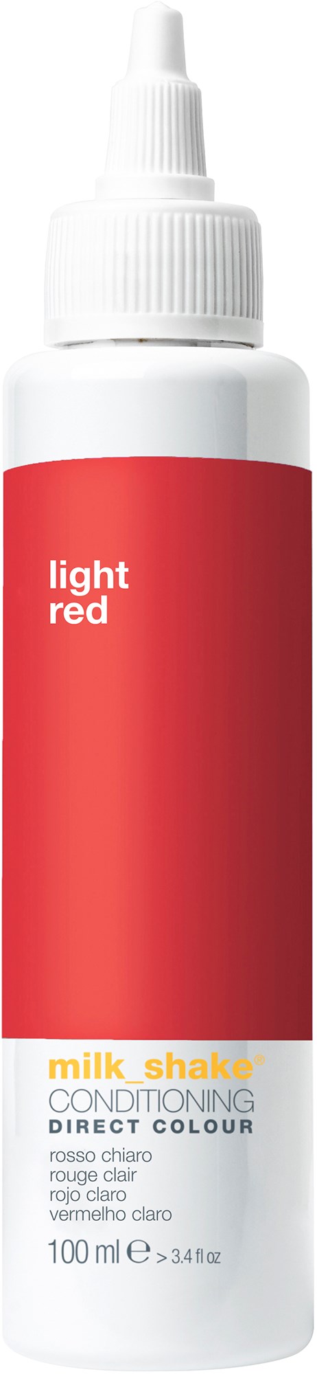 Een fles met een rood label dat 'light red' zegt en conditioneringskleur bevat.