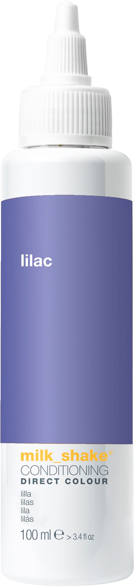 Een witte fles met een paarse label die zegt 'lilac' en 'milk shake conditioning direct colour'.