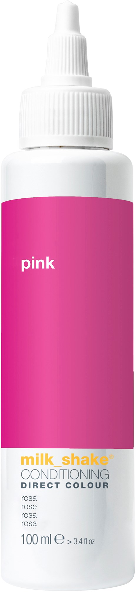 Een flesje roze haarverzorgingsconditioner met witte dop. Het zegt "pink" en "milk shake".