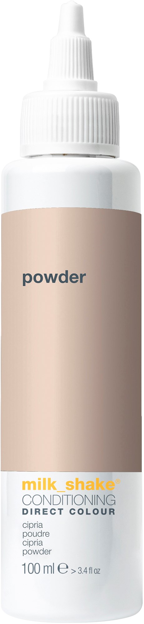 Een witte fles met een spuit, gelabeld met 'powder' en 'milk shake conditioning'.