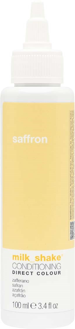 Een witte spuitfles met geel label leest saffraan melkshake conditioner, 100 ml, directe kleur.