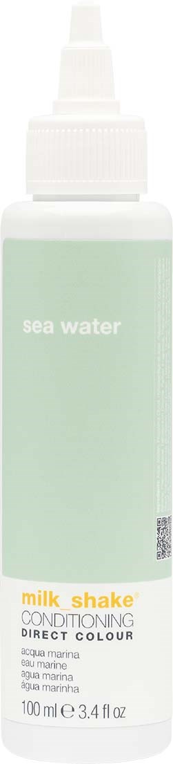 Een witte fles met een lichtgroen label leest sea water en milk shake conditioning direct colour.